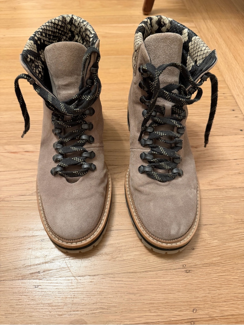 Freda Salvador ALI Taupe Suede Snake Print Hiker Boots Size 8